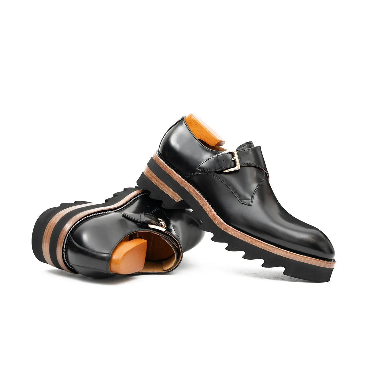 Black Plain-Toe Calf Leather Monk Shoes