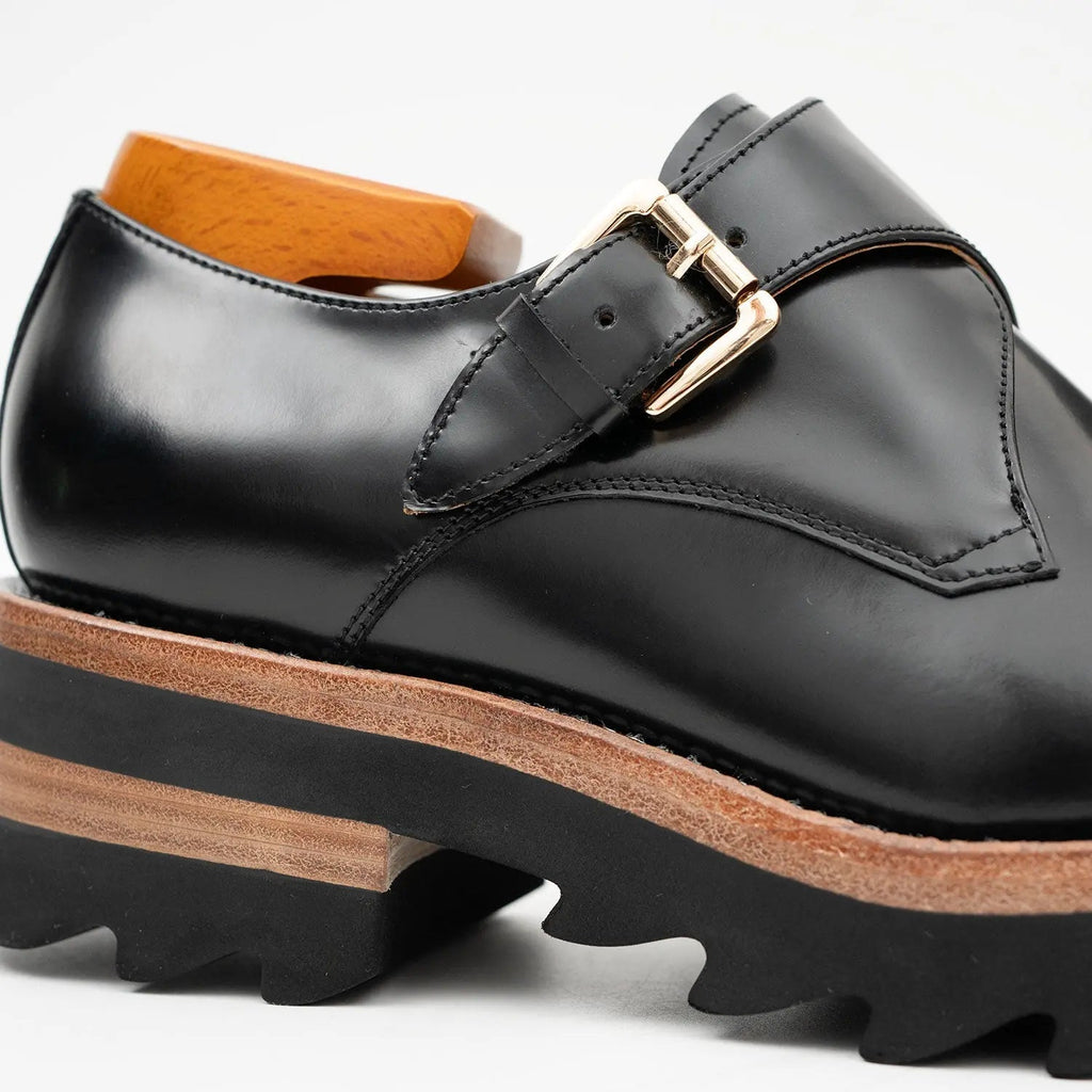 Black Plain-Toe Calf Leather Monk Shoes