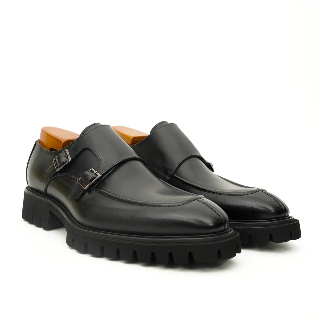 Black Calf Leather Double Monk Strap Shoes