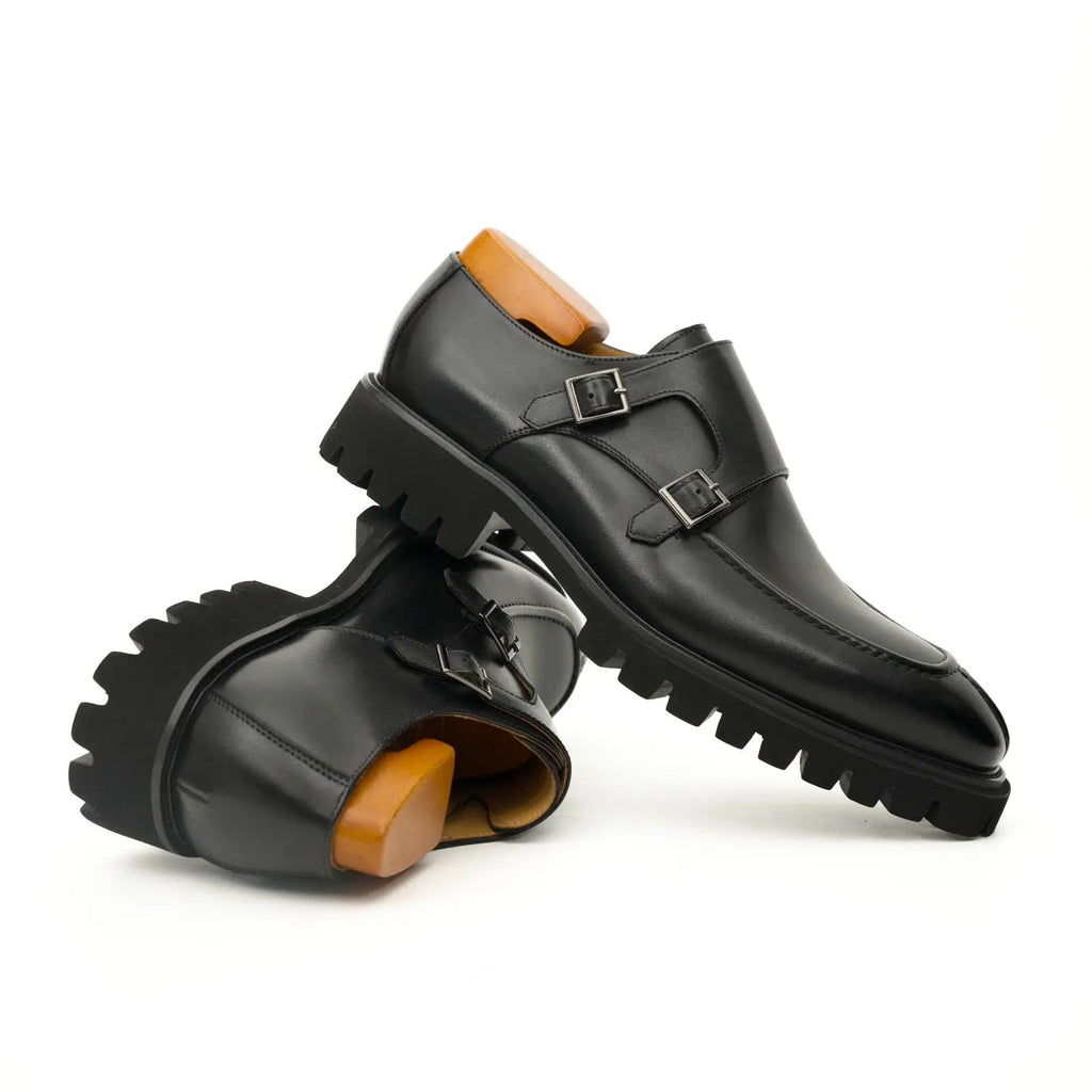 Black Calf Leather Double Monk Strap Shoes