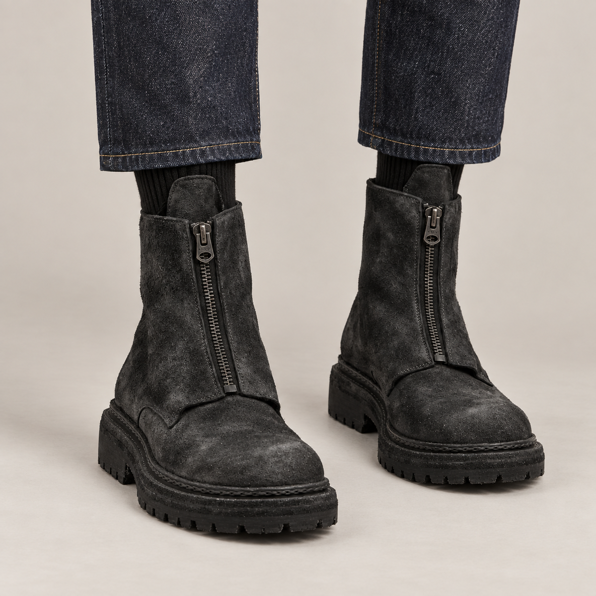 Black Plain-Toe Washed Horsehide Ankle Boots