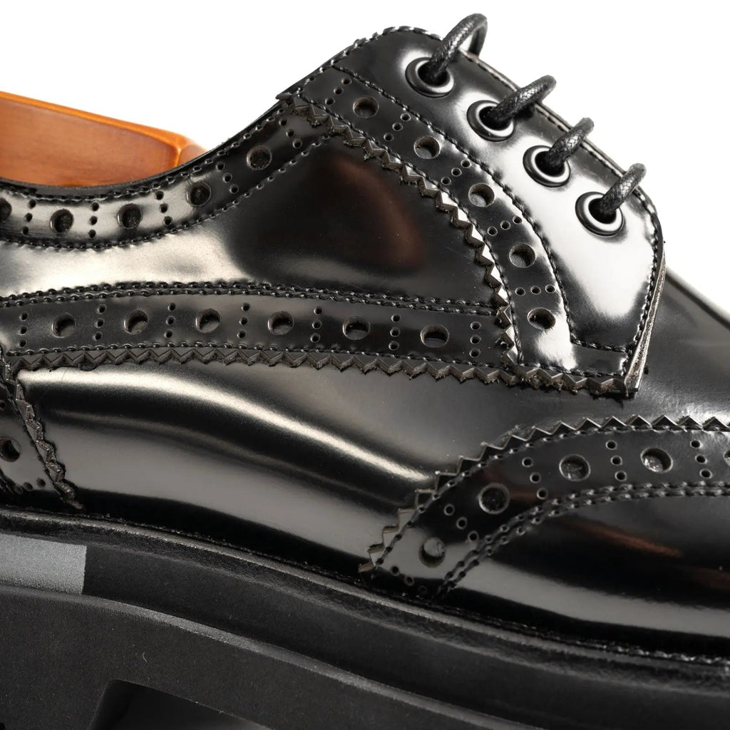 Black Wingtip Calf Leather Derby Shoes with Gray Sole Stripe