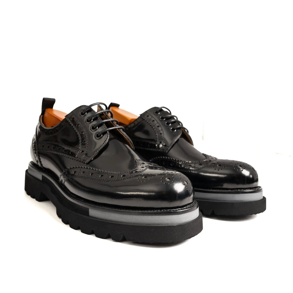 Black Wingtip Calf Leather Derby Shoes with Gray Sole Stripe