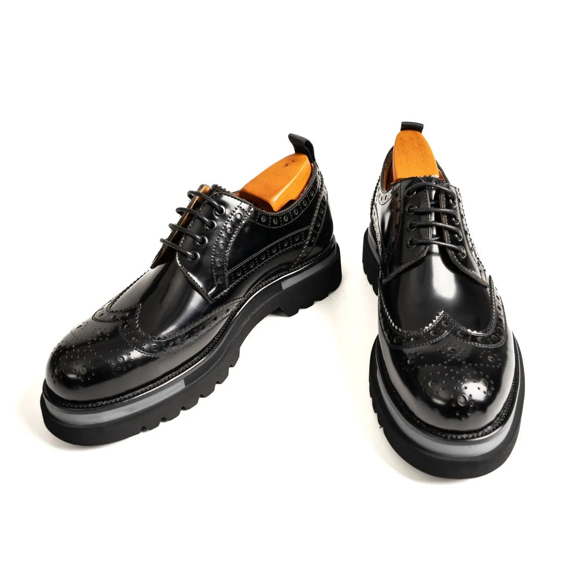 Black Wingtip Calf Leather Derby Shoes with Gray Sole Stripe