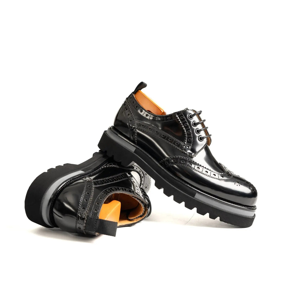 Black Wingtip Calf Leather Derby Shoes with Gray Sole Stripe