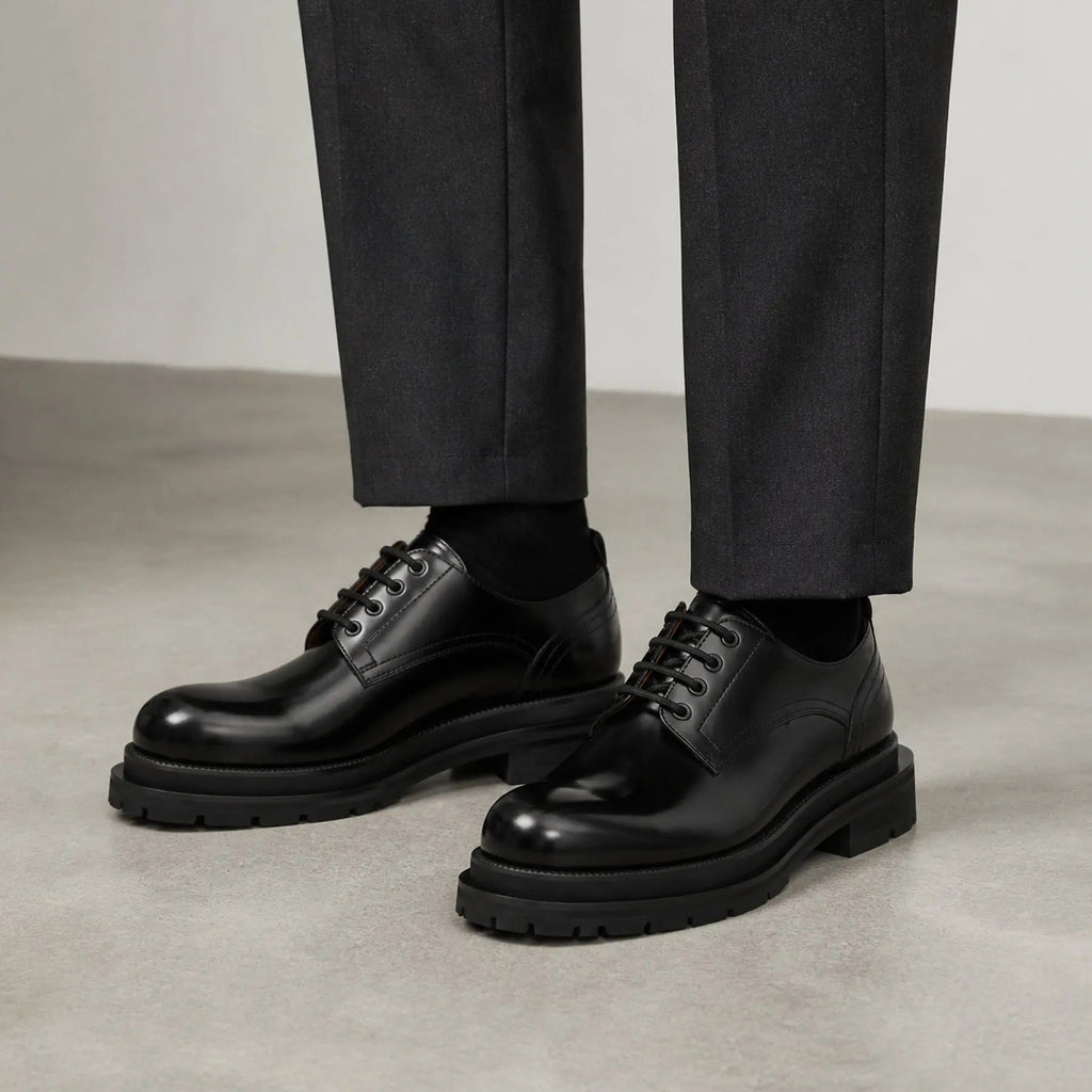 Black Plain-Toe Calf Leather Derby Shoes