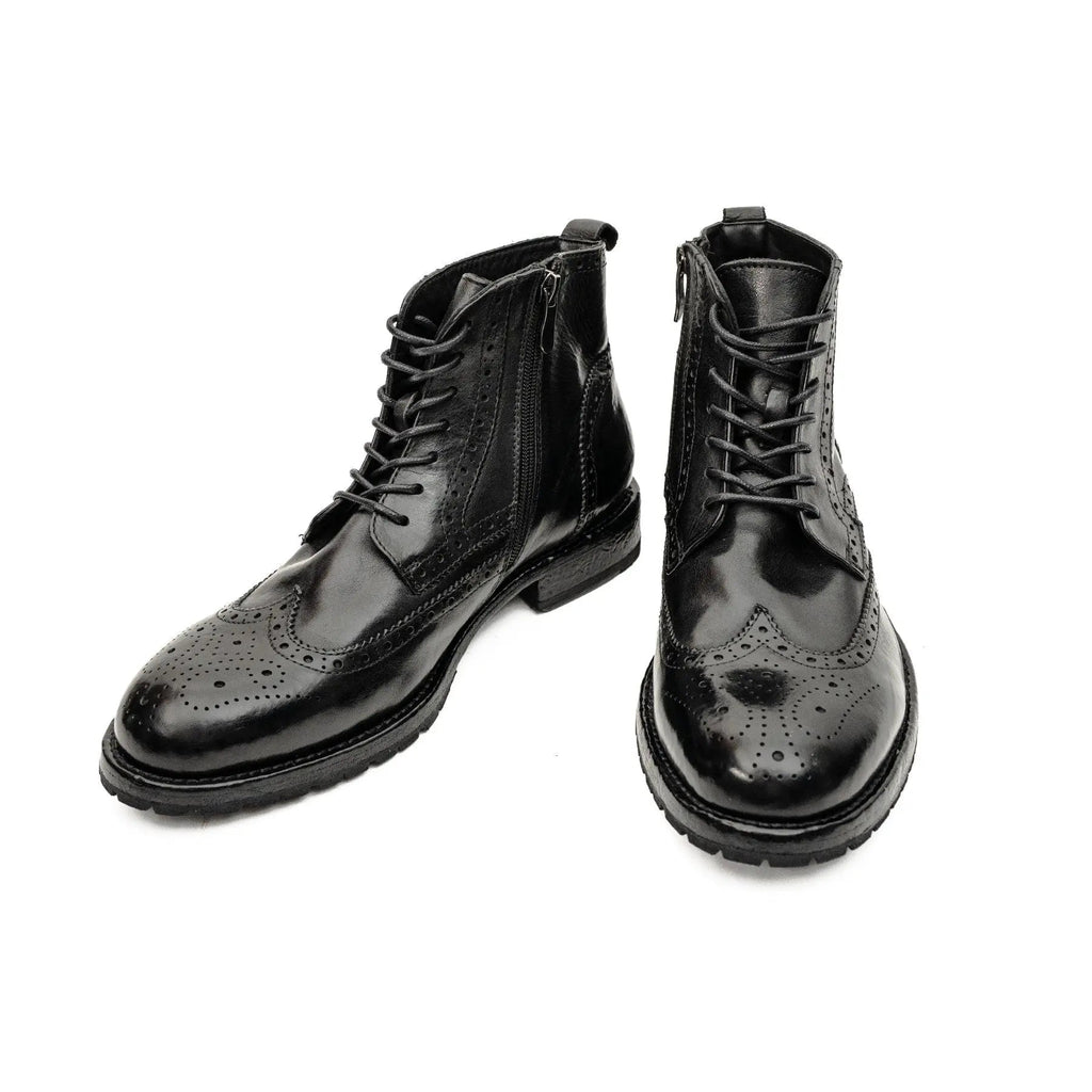 Black Wingtip Calf Leather Ankle Boots