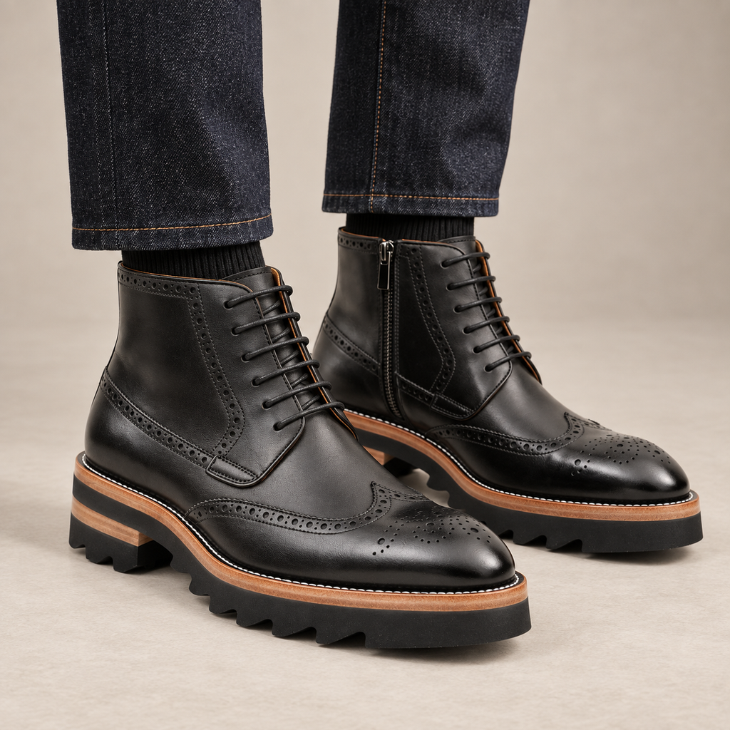Black Wingtip Calf Leather Ankle Boots