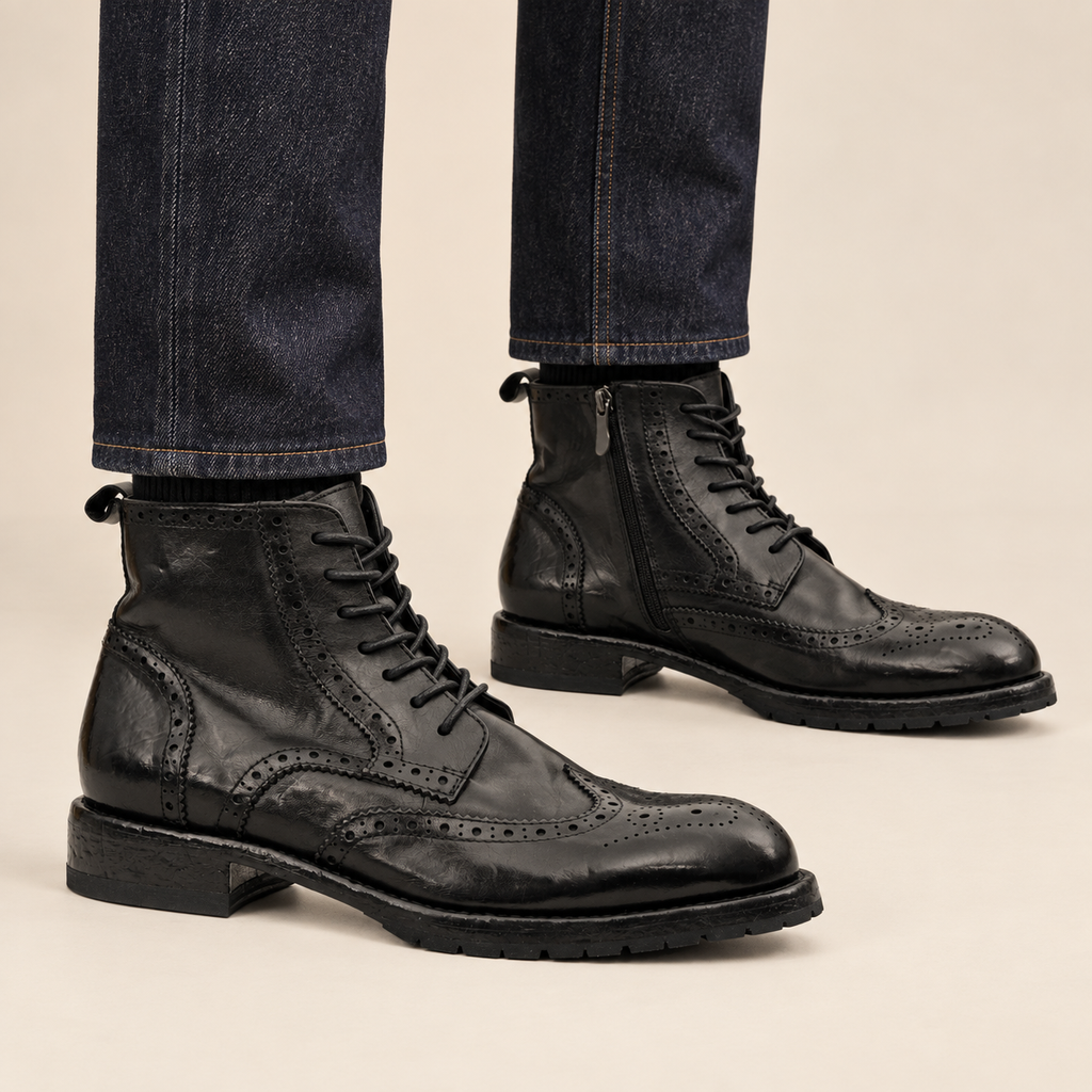 Black Wingtip Calf Leather Ankle Boots