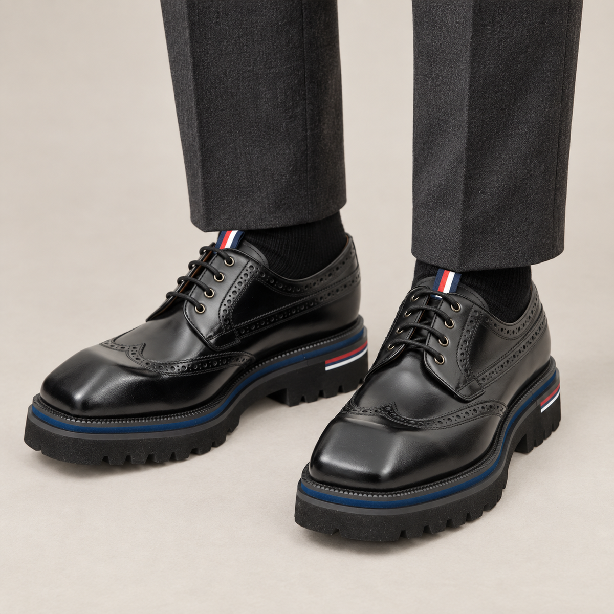 Black Wingtip Cow Leather Derby Shoes