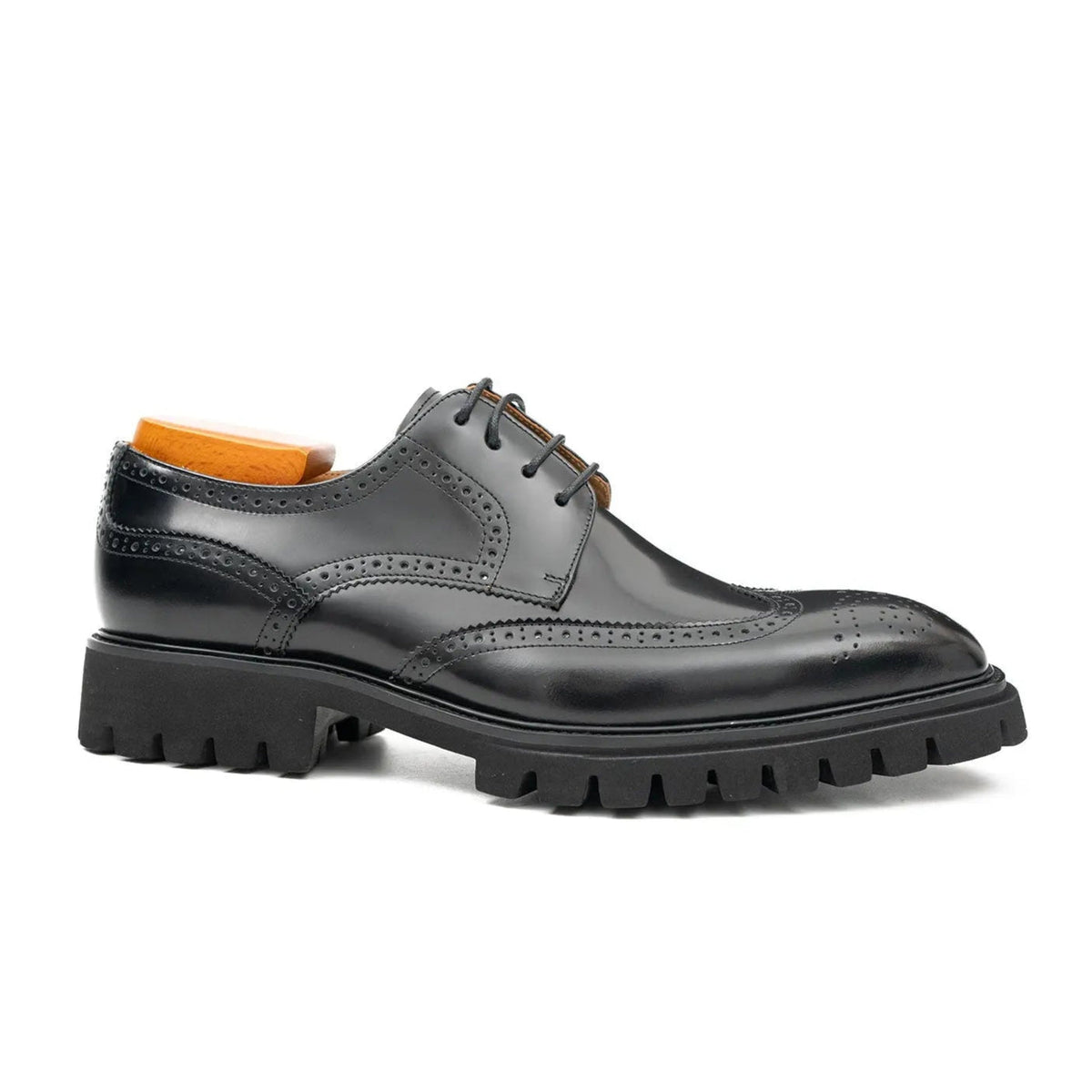 Black Wingtip Derby Shoes with Lug Sole