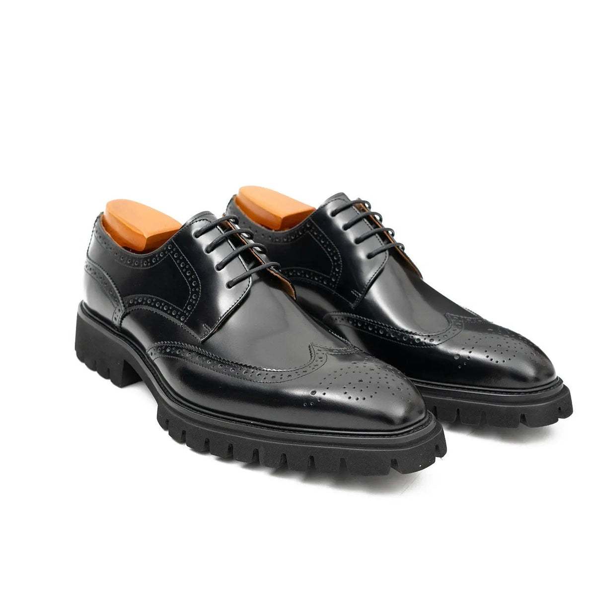 Black Wingtip Derby Shoes with Lug Sole