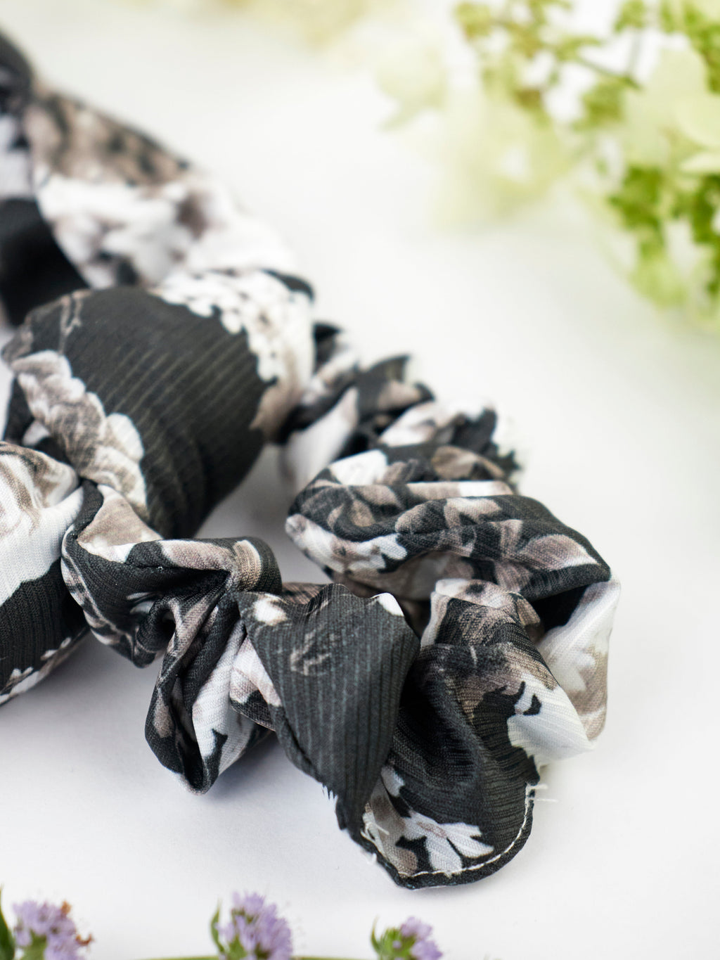 Black Floral Scarf Scrunchie