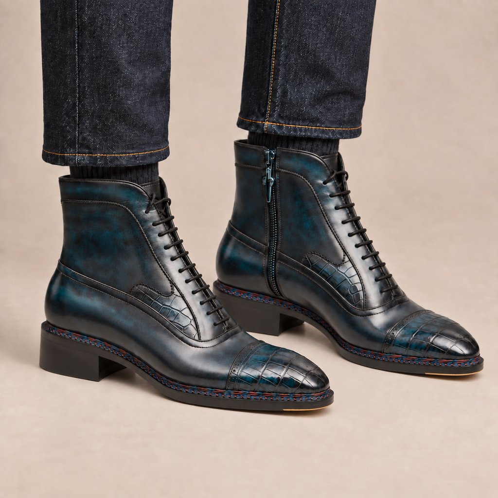 Blue-Black Cap-Toe Calf & Crocodile Leather Ankle Boots