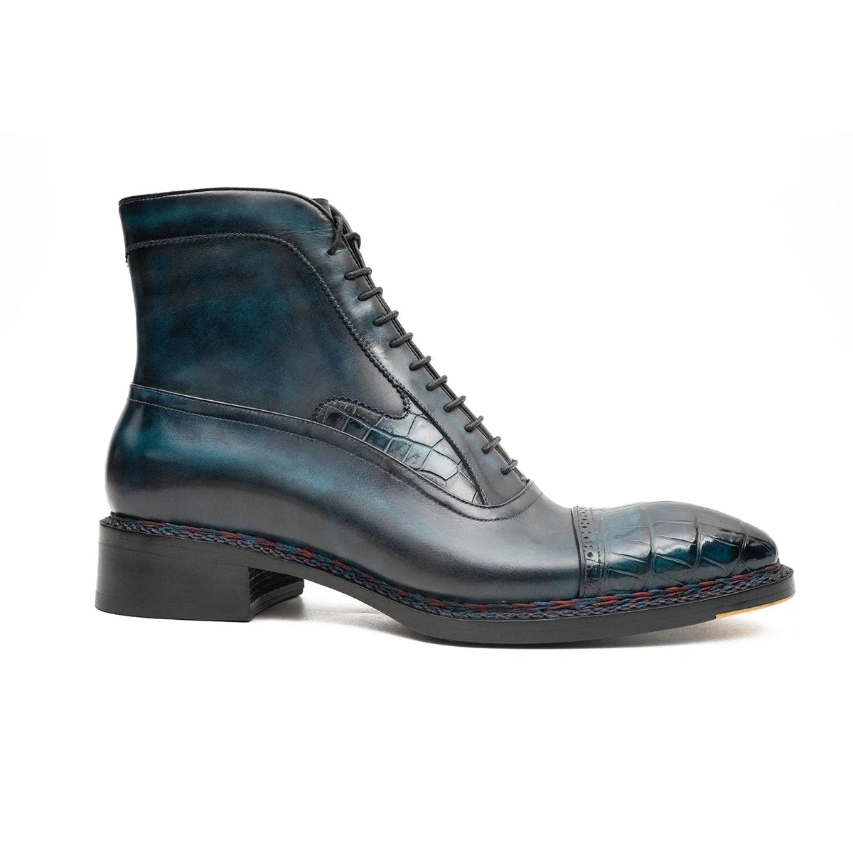 Blue-Black Cap-Toe Calf & Crocodile Leather Ankle Boots