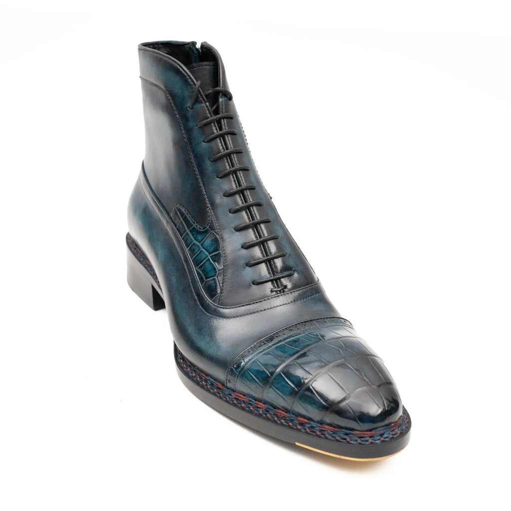 Blue-Black Cap-Toe Calf & Crocodile Leather Ankle Boots