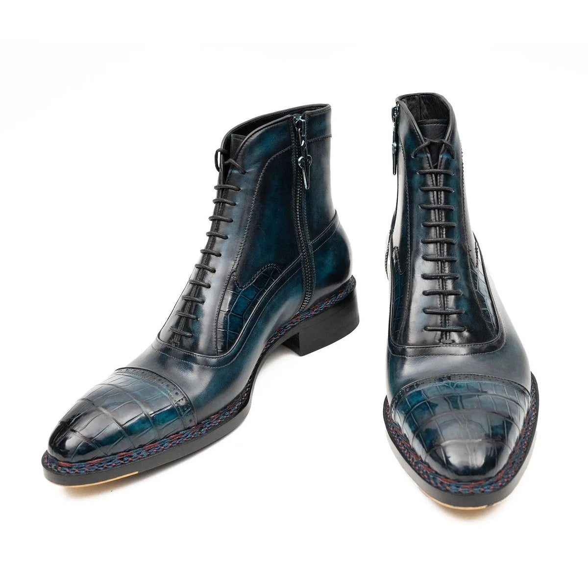 Blue-Black Cap-Toe Calf & Crocodile Leather Ankle Boots