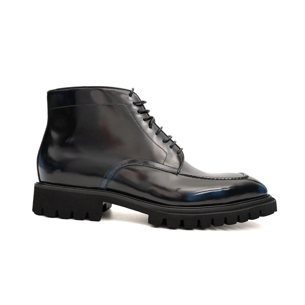 Blue-Black Apron-Toe Calf Leather Ankle Boots