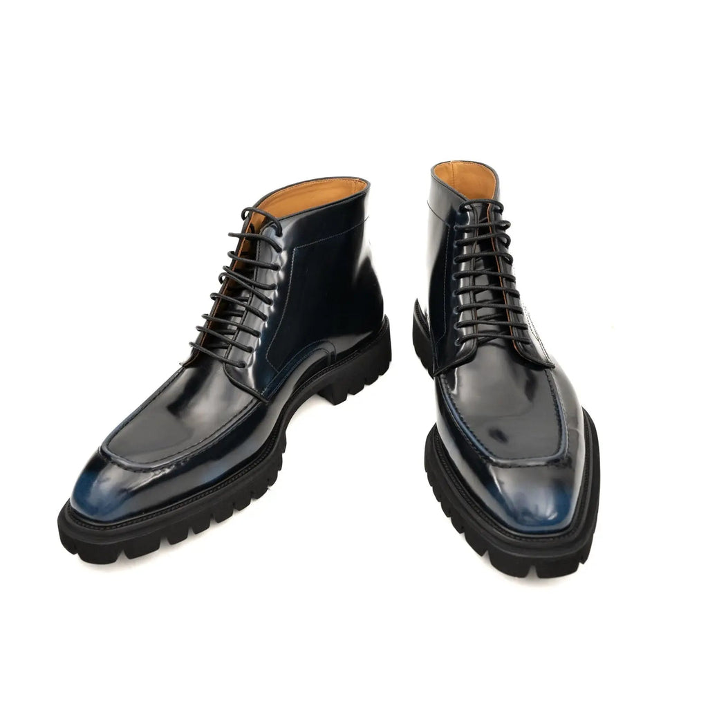Blue-Black Apron-Toe Calf Leather Ankle Boots