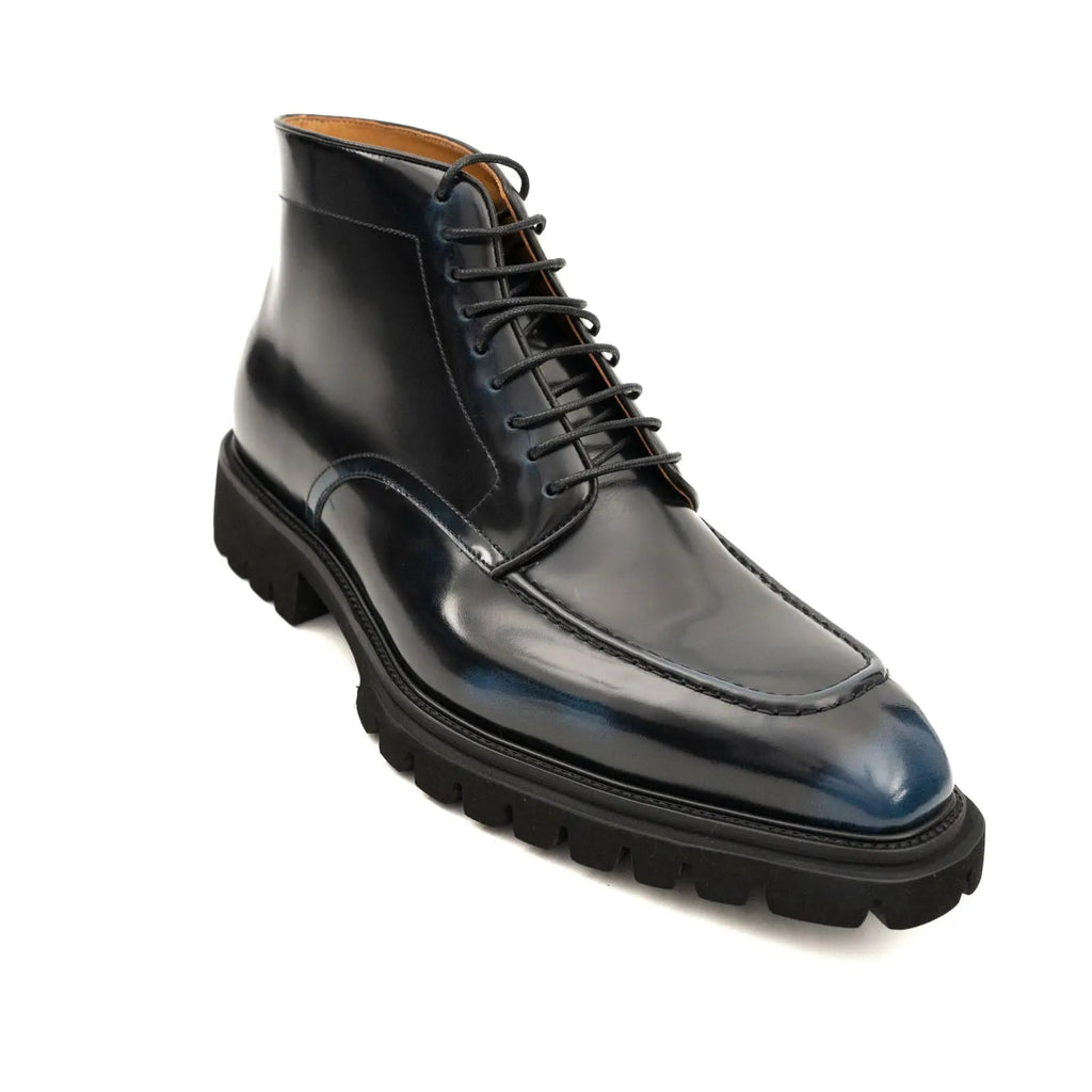 Blue-Black Apron-Toe Calf Leather Ankle Boots