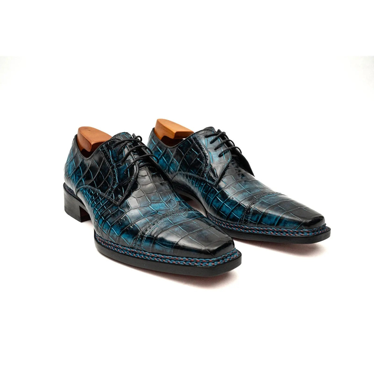 Blue Cap-Toe Crocodile Leather Derby Shoes