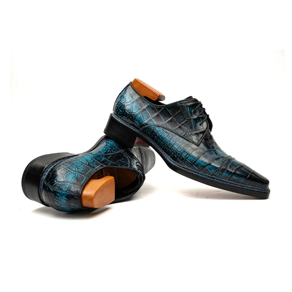 Blue Cap-Toe Crocodile Leather Derby Shoes