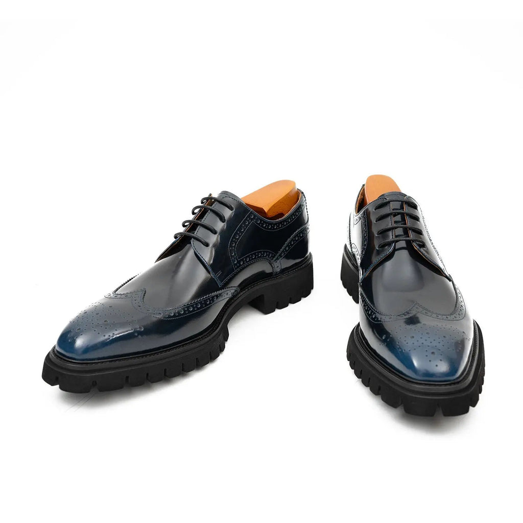 Blue Wingtip Calf Leather Derby Shoes
