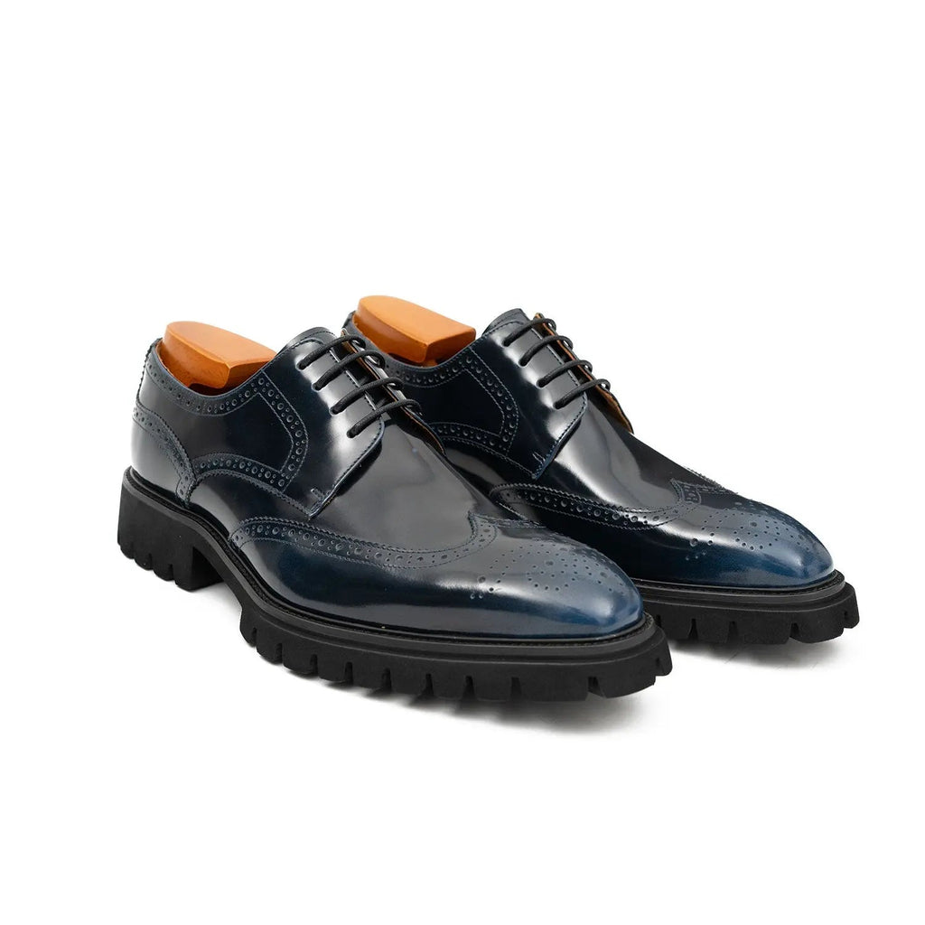 Blue Wingtip Calf Leather Derby Shoes