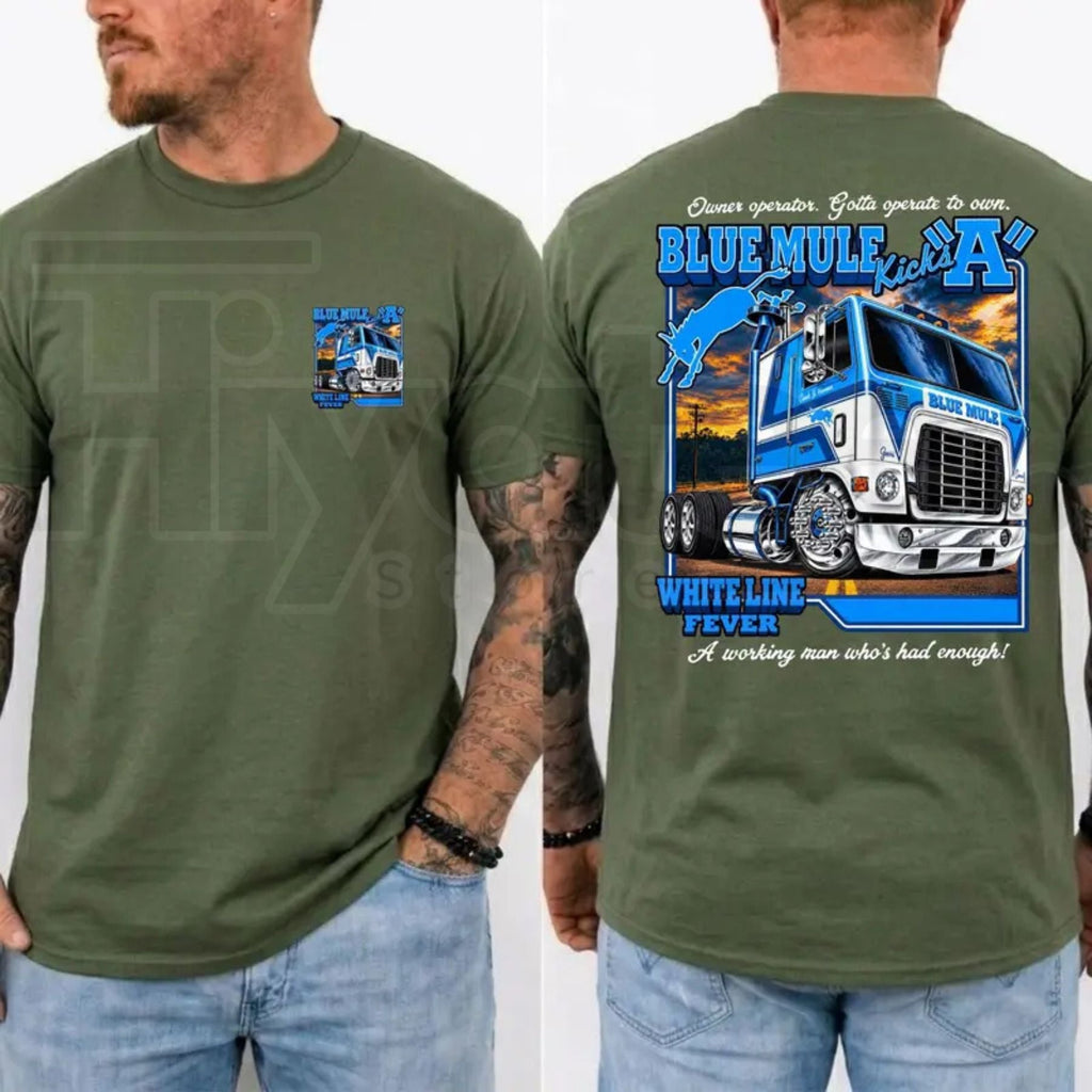 Blue Mule White Line Fever T-Shirt – Trucker Country Band Graphic Tee