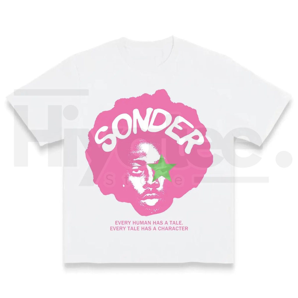 Bold Pink Sonder Lettering Rap Shirt – Geometric Print Streetwear Crewneck