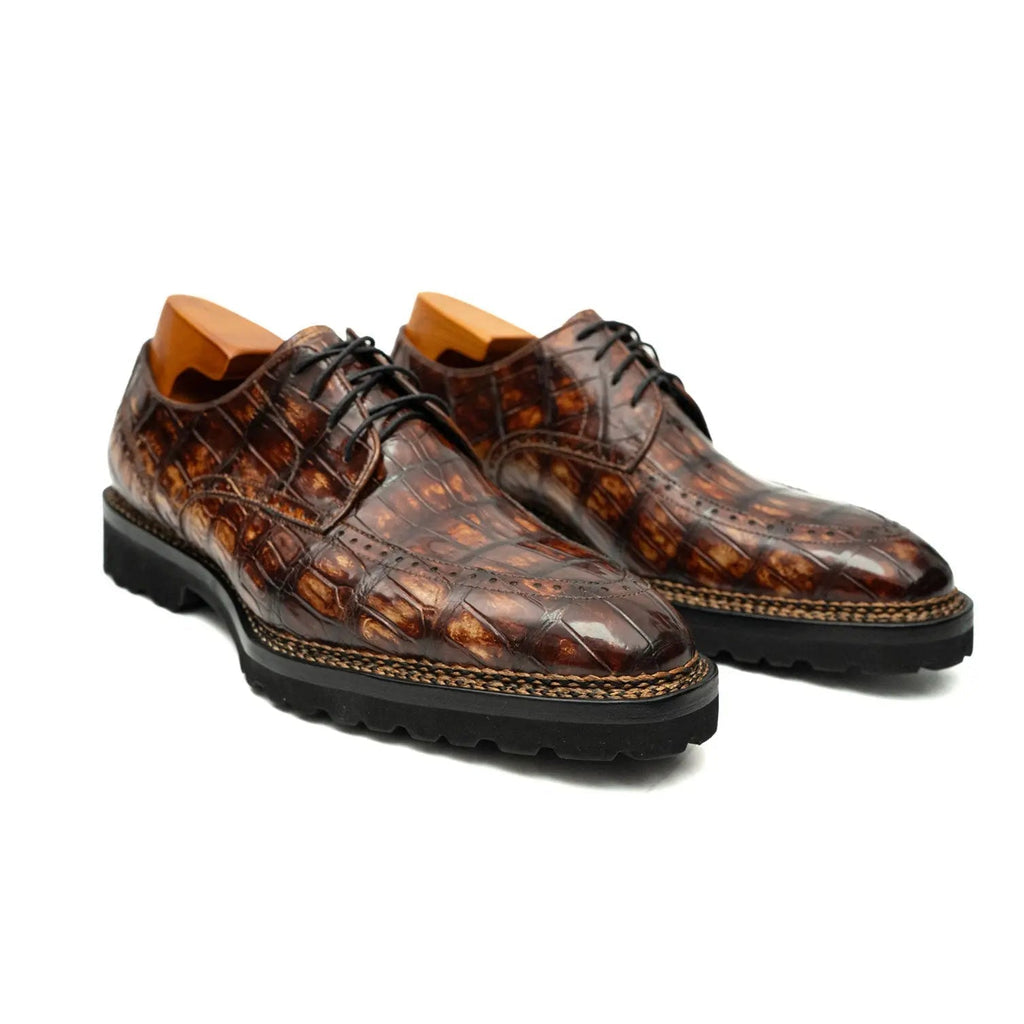 Brown Apron-Toe Crocodile Leather Derby Shoes