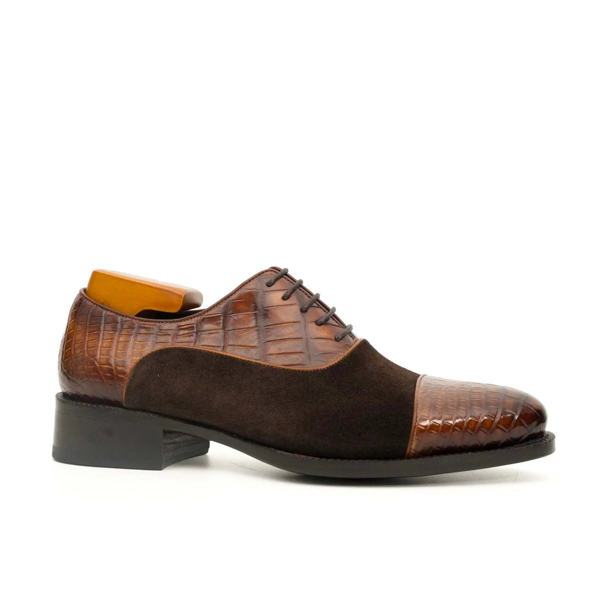Brown Cap-Toe Calf & Crocodile Leather Oxford Shoes