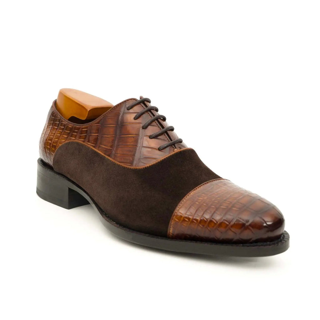 Brown Cap-Toe Calf & Crocodile Leather Oxford Shoes