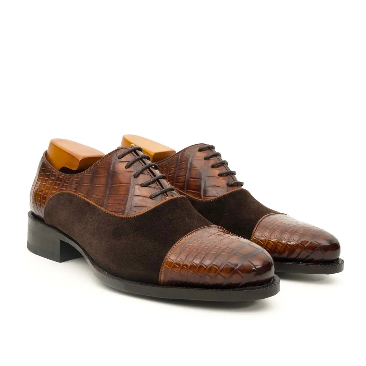 Brown Cap-Toe Calf & Crocodile Leather Oxford Shoes