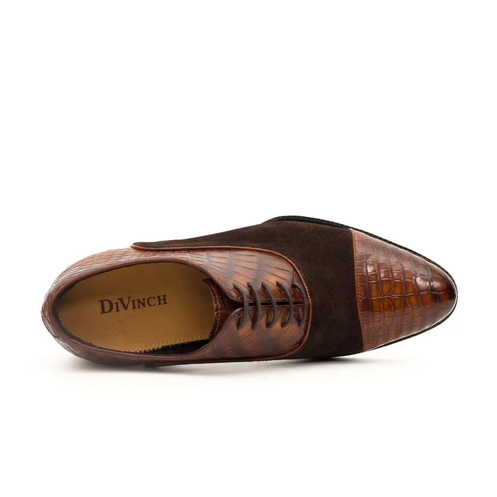 Brown Cap-Toe Calf & Crocodile Leather Oxford Shoes