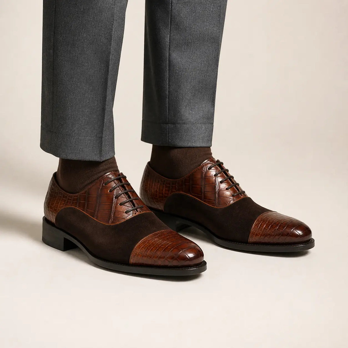 Brown Cap-Toe Calf & Crocodile Leather Oxford Shoes