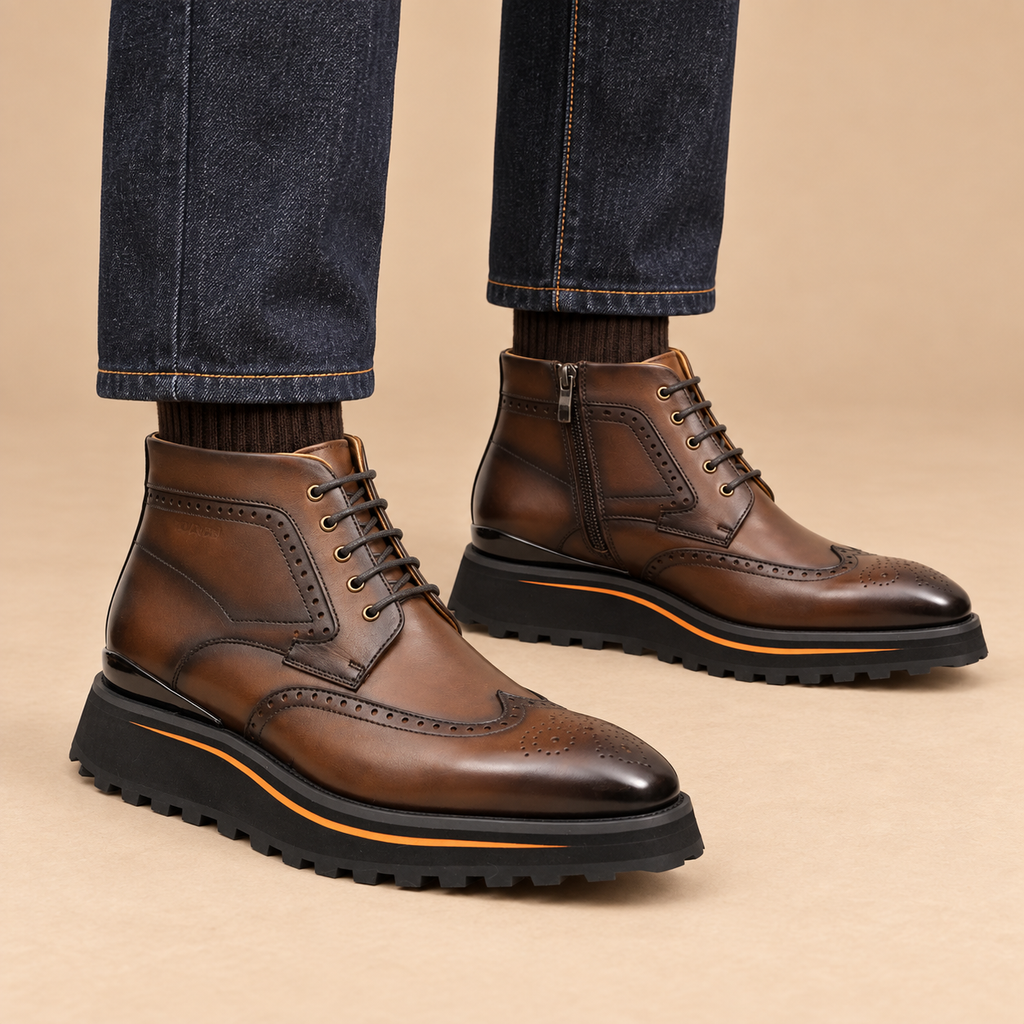 Brown Wingtip Calf Leather Ankle Boots