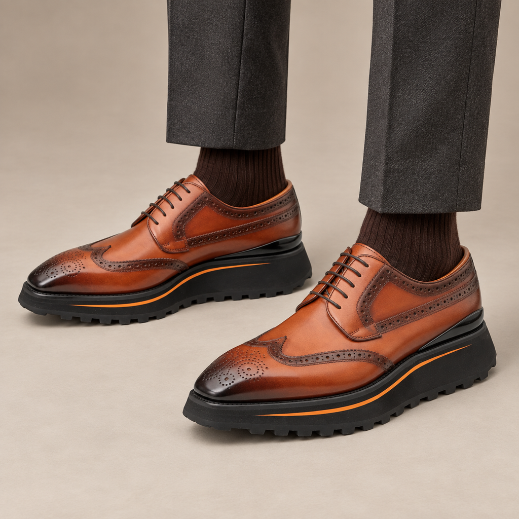 Brown Wingtip Calf Leather Derby Shoes
