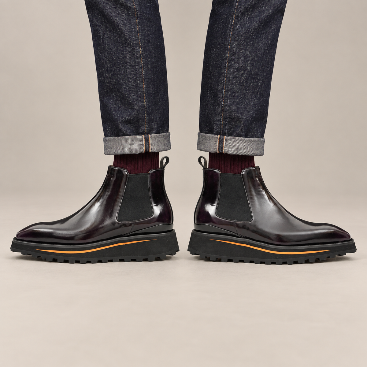 Burgundy-Black Plain-Toe Cow Leather Chelsea Boots