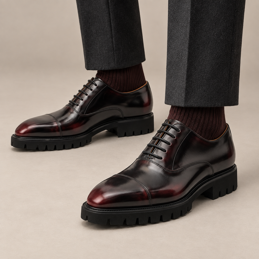 Burgundy Cap-Toe Calf Leather Oxford Shoes
