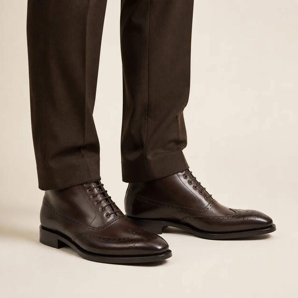 Dark Brown Wingtip Cow Leather Ankle Boots