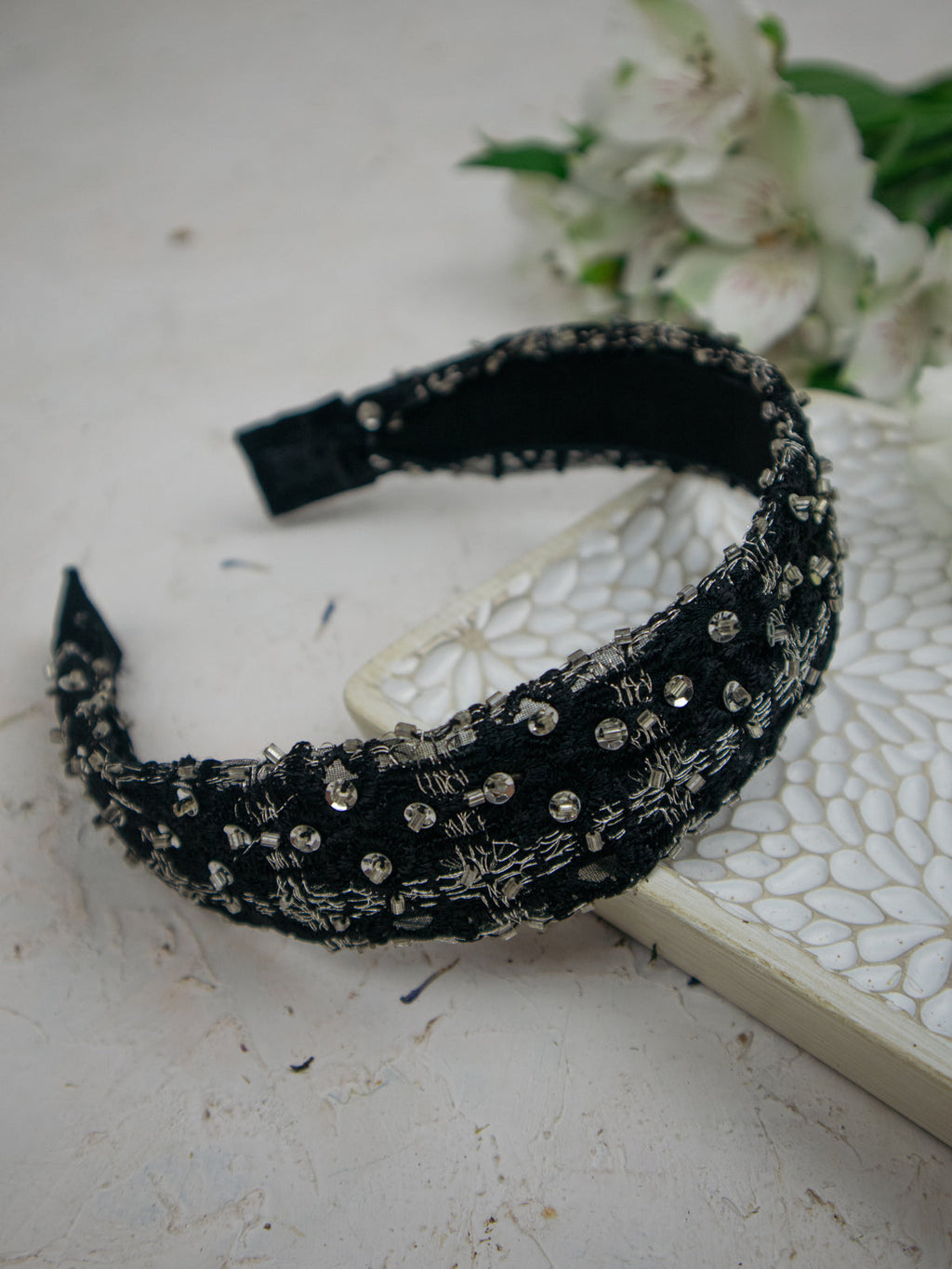 Celine Beaded Black Headband
