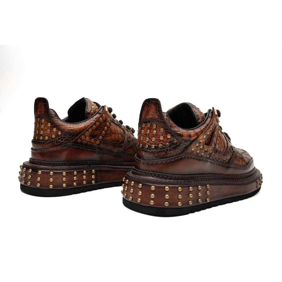 Brown Studded Crocodile Leather Sneakers
