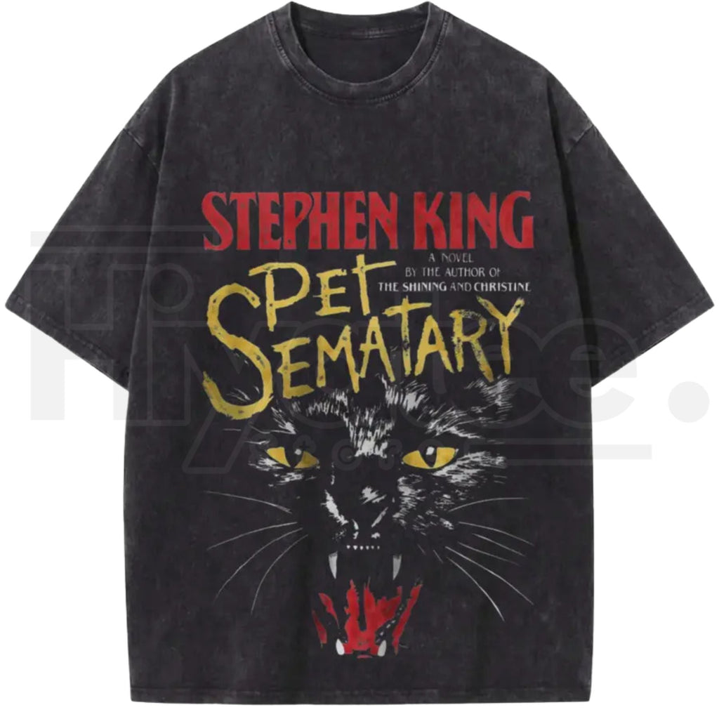 Creepy Black Cat Thriller Graphic Tee – Vintage Book Thriller Acid Washed Streetwear Shirt