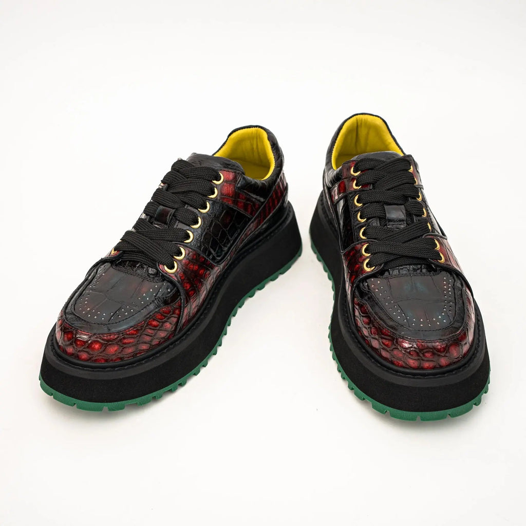 Red Apron-Toe Crocodile Leather Sneakers