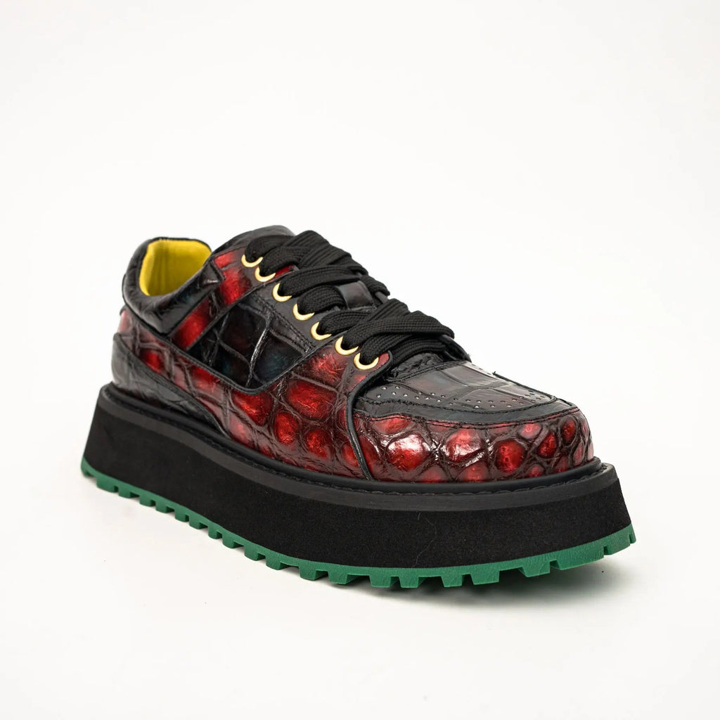 Red Apron-Toe Crocodile Leather Sneakers