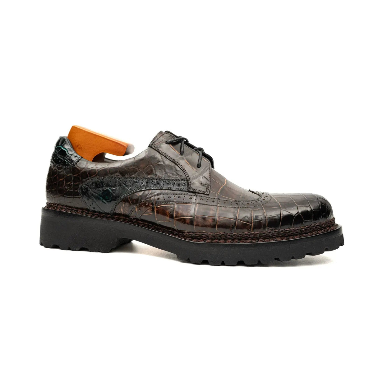 Dark Umber Crocodile Wingtip Derby Shoes