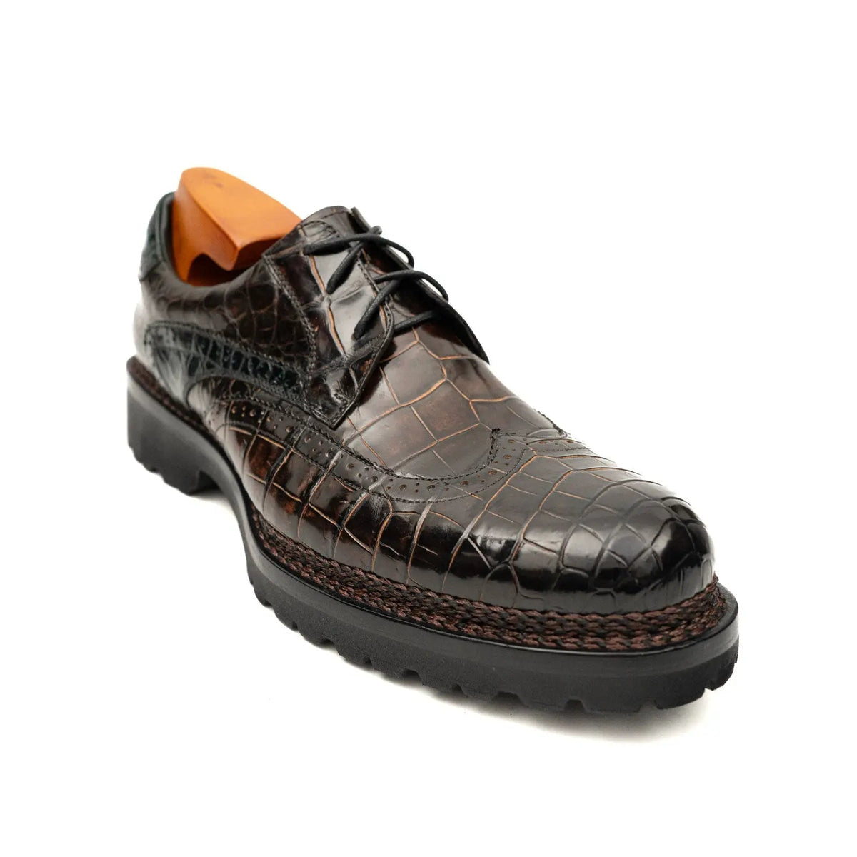 Dark Umber Crocodile Wingtip Derby Shoes