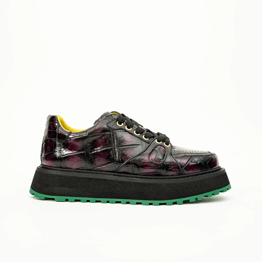 Burgundy-Black Apron-Toe Crocodile Leather Sneakers