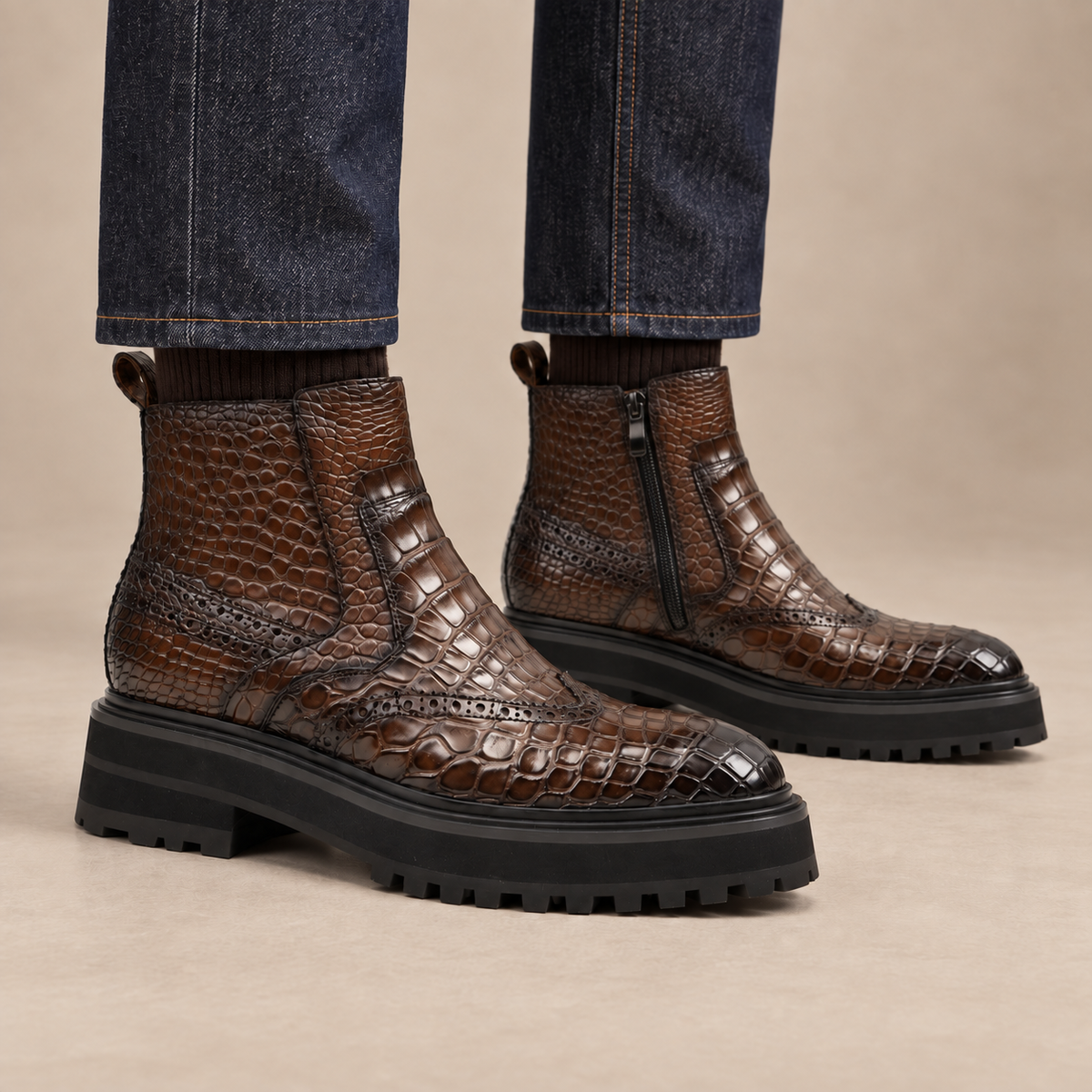 Dark Brown Crocodile Leather Ankle Boots